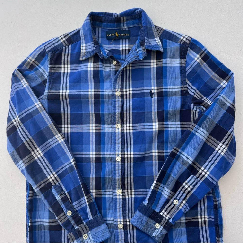 Ralph Lauren Boys Plaid Button Down Shirt Long Sleeve Blue White Large